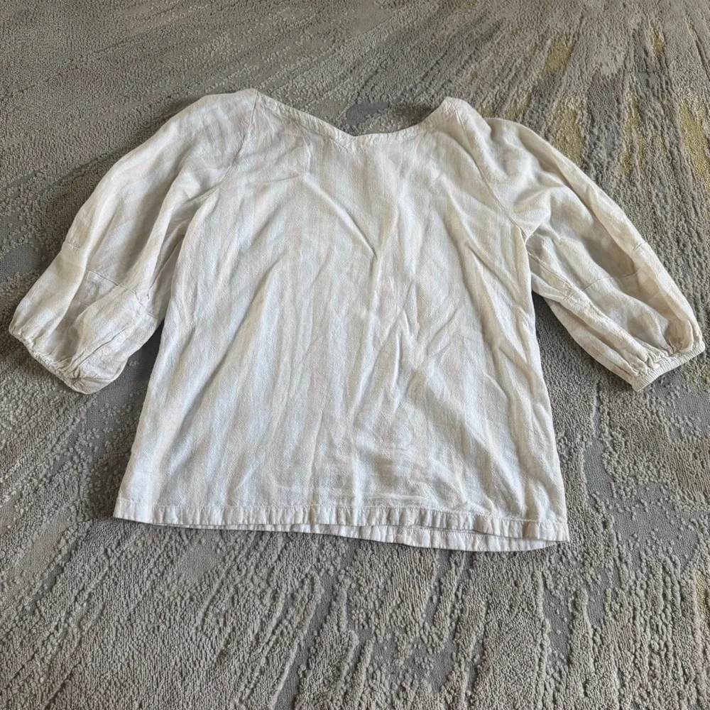 Loft puff balloon sleeve top shirt linen cream tan stripe XS